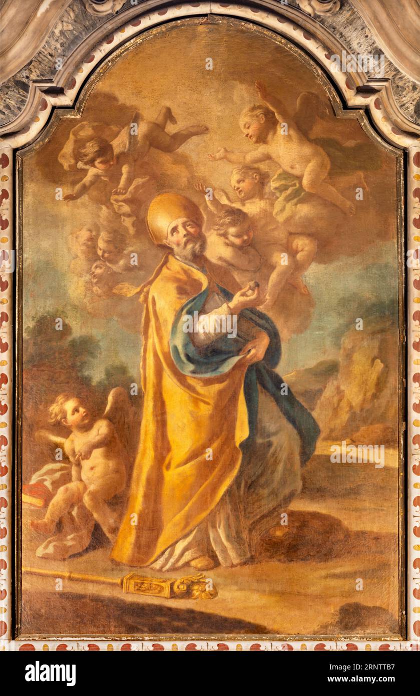 NAPLES, ITALY - APRIL 23, 2023: The painting of St. NIcholas of Bari in the church Chiesa di San Nicola alla Carita by  Francesco Solimena Stock Photo