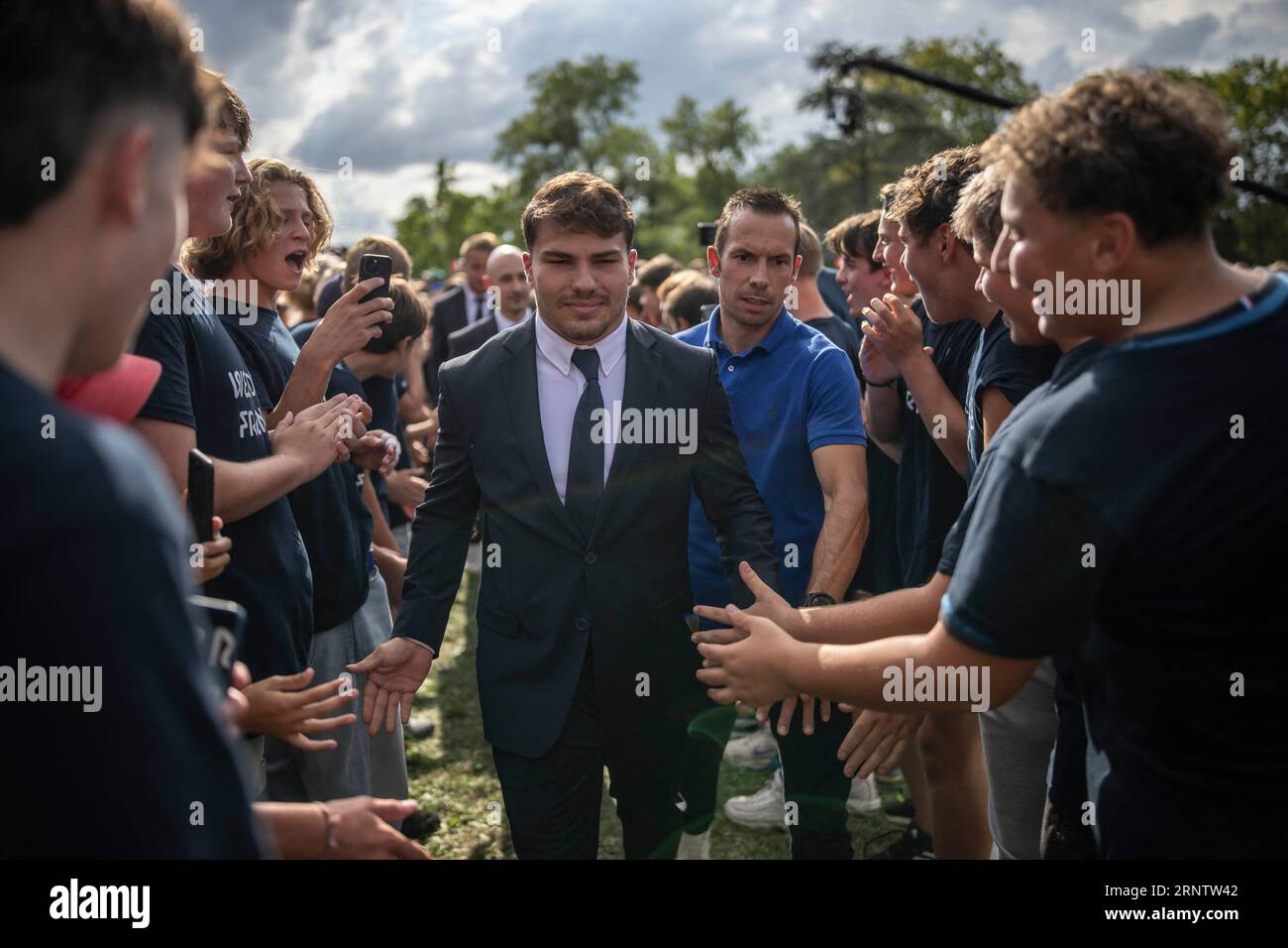 France's scrum-half Antoine Dupont arrives for a welcoming