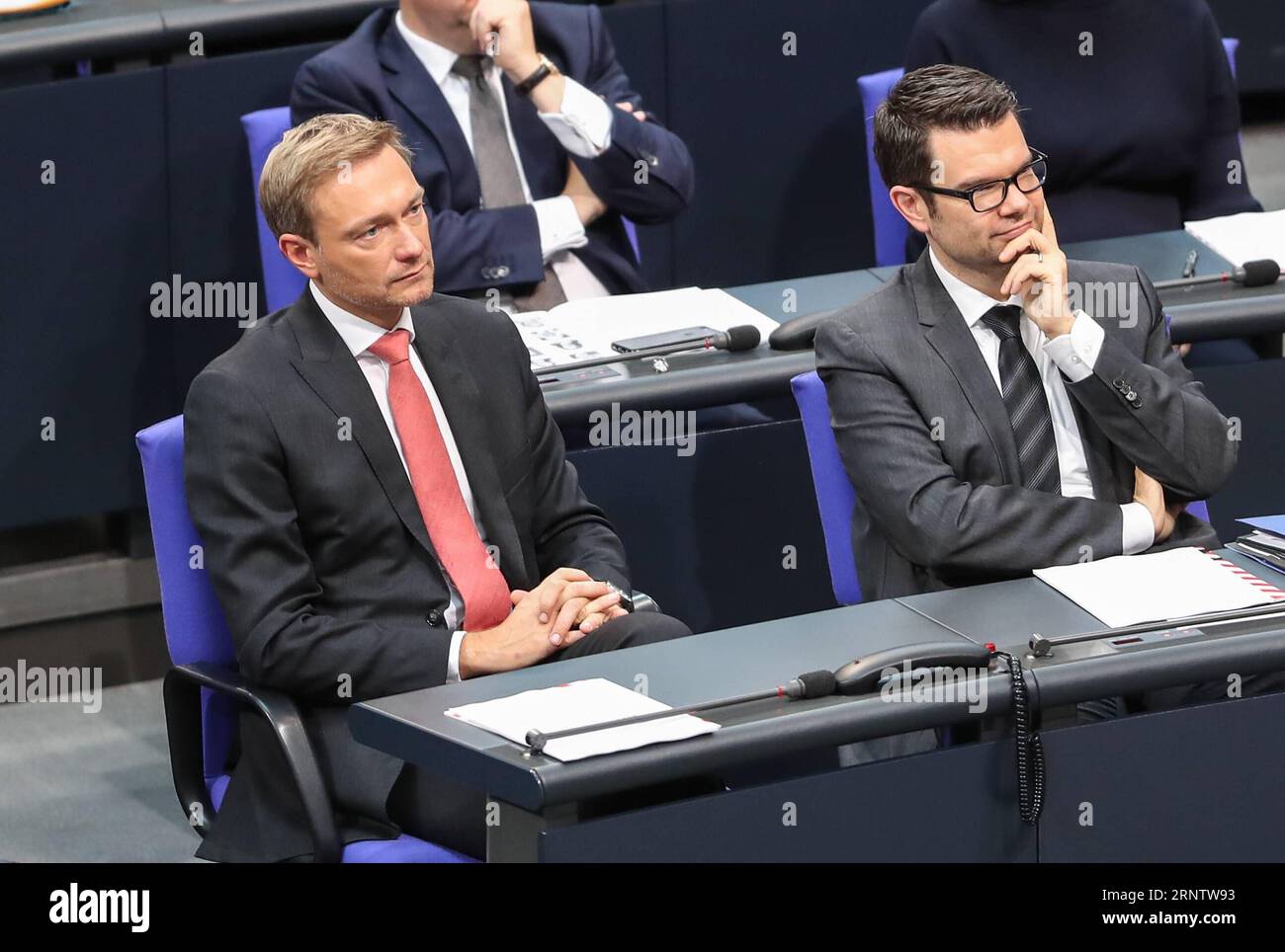 (171120) -- BERLIN, Nov. 20, 2017 -- File photo taken on Oct. 24, 2017 shows Free Democratic Party (FDP) leader Christian Lindner (L) attending the first meeting of the newly elected German Federal Parliament in Berlin, capital of Germany. The three-party exploratory talks for the formation of Germany s new government ended Sunday night after the FDP pulled out due to unbridgeable differences in immigration and energy policies. ) (whw) GERMANY-BERLIN-FDP-COALITION TALKS FAILURE ShanxYuqi PUBLICATIONxNOTxINxCHN Stock Photo