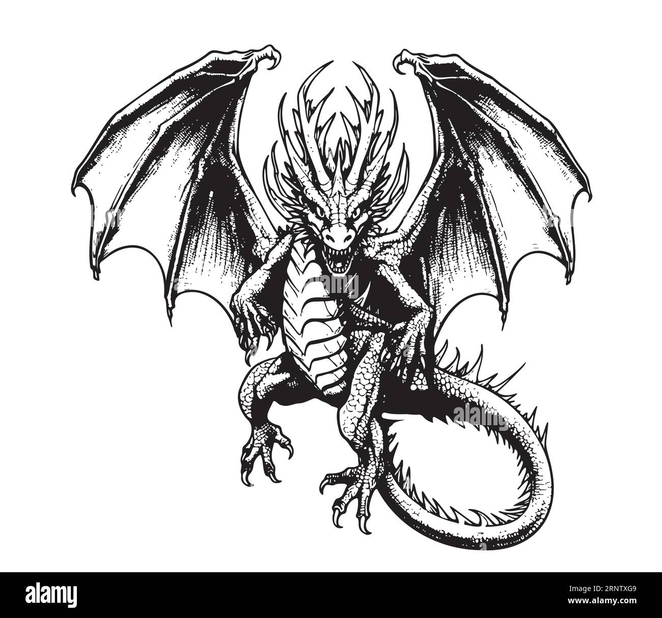 Dragon flying, cartoon hand drawn sketch Vector Wild animals Stock