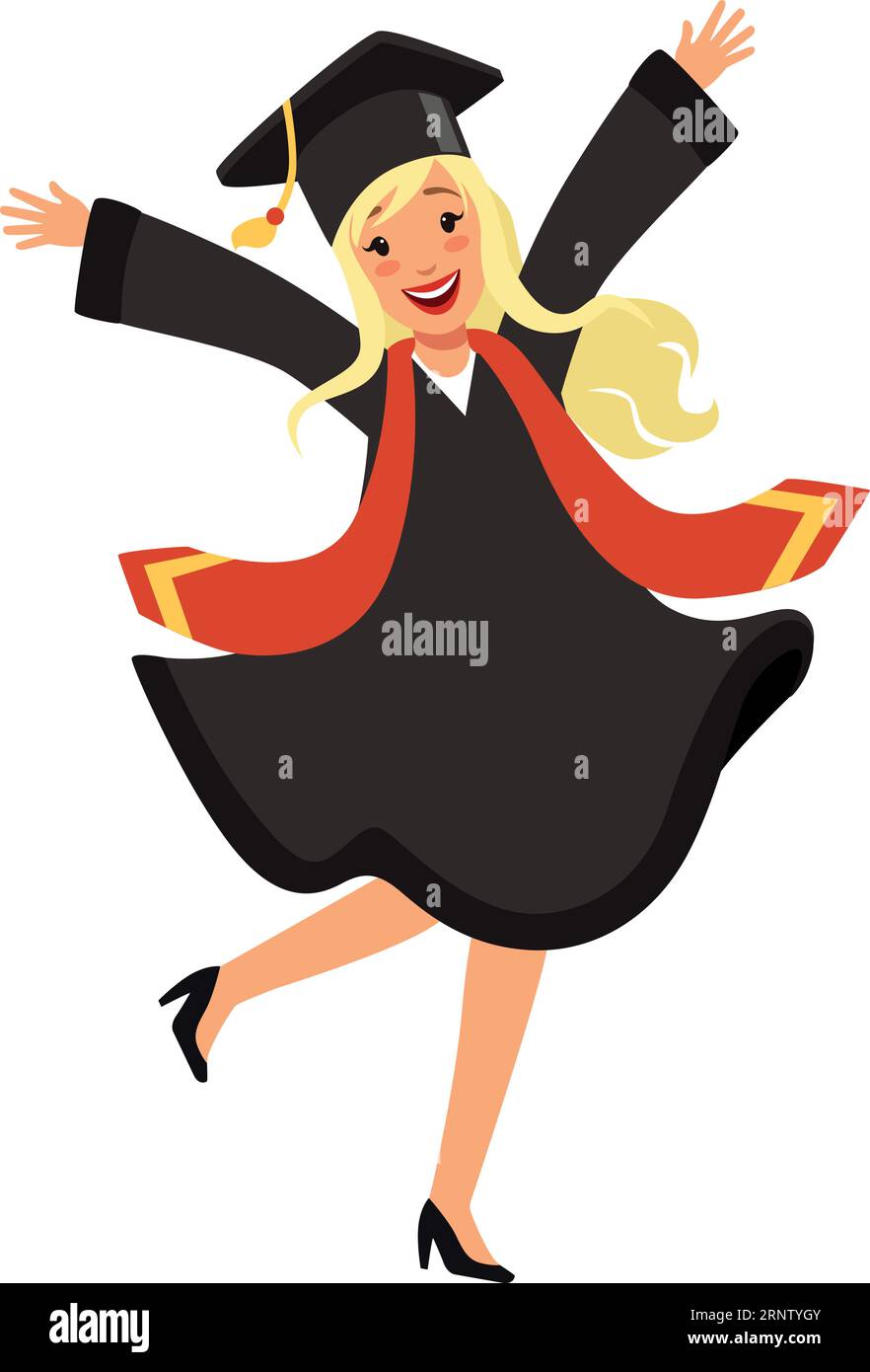 Celebrating girl in bachelor clothes. Cartoon happy student at graduation Stock Vector
