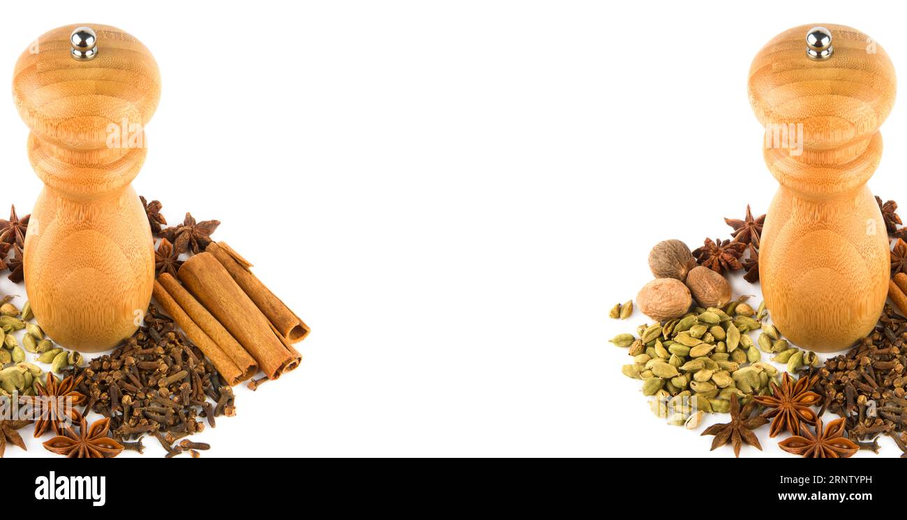 Spice grinder and spices set isolated on white background. Wide photo ...