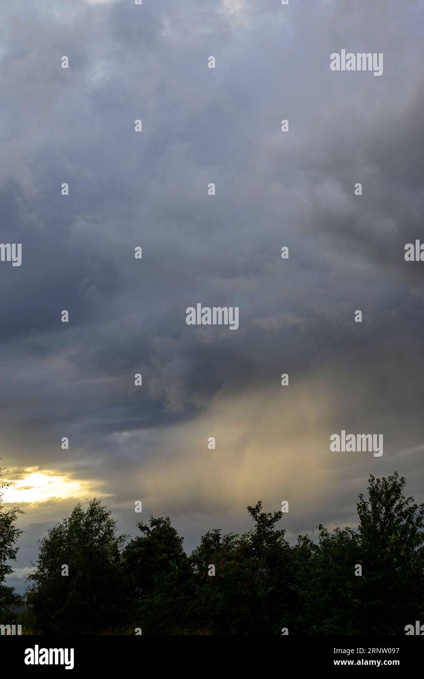 Dark clouds in evening sky with patch of bright light above treetops, August, UK Stock Photo
