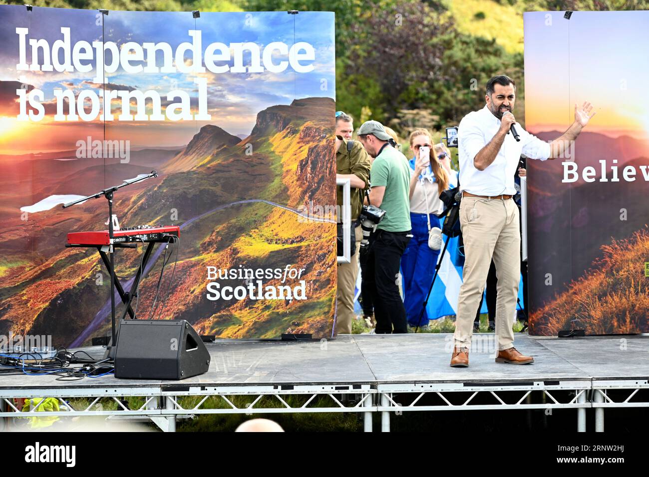 Edinburgh, Scotland, UK. 2nd Sep 2023. March and Rally for an Independent Scotland in the EU, a march down the Royal Mile to the Scottish parliament at Holyrood, followed by a rally with guest speakers. Humza Yousaf, First Minister of Scotland, addressing the crowd. Credit: Craig Brown/Alamy Live News Stock Photo