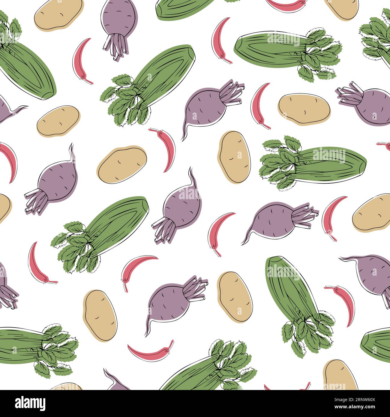 Food background. Doodle Vegetables Seamless pattern. Vector illustration on a white background. Stock Vector