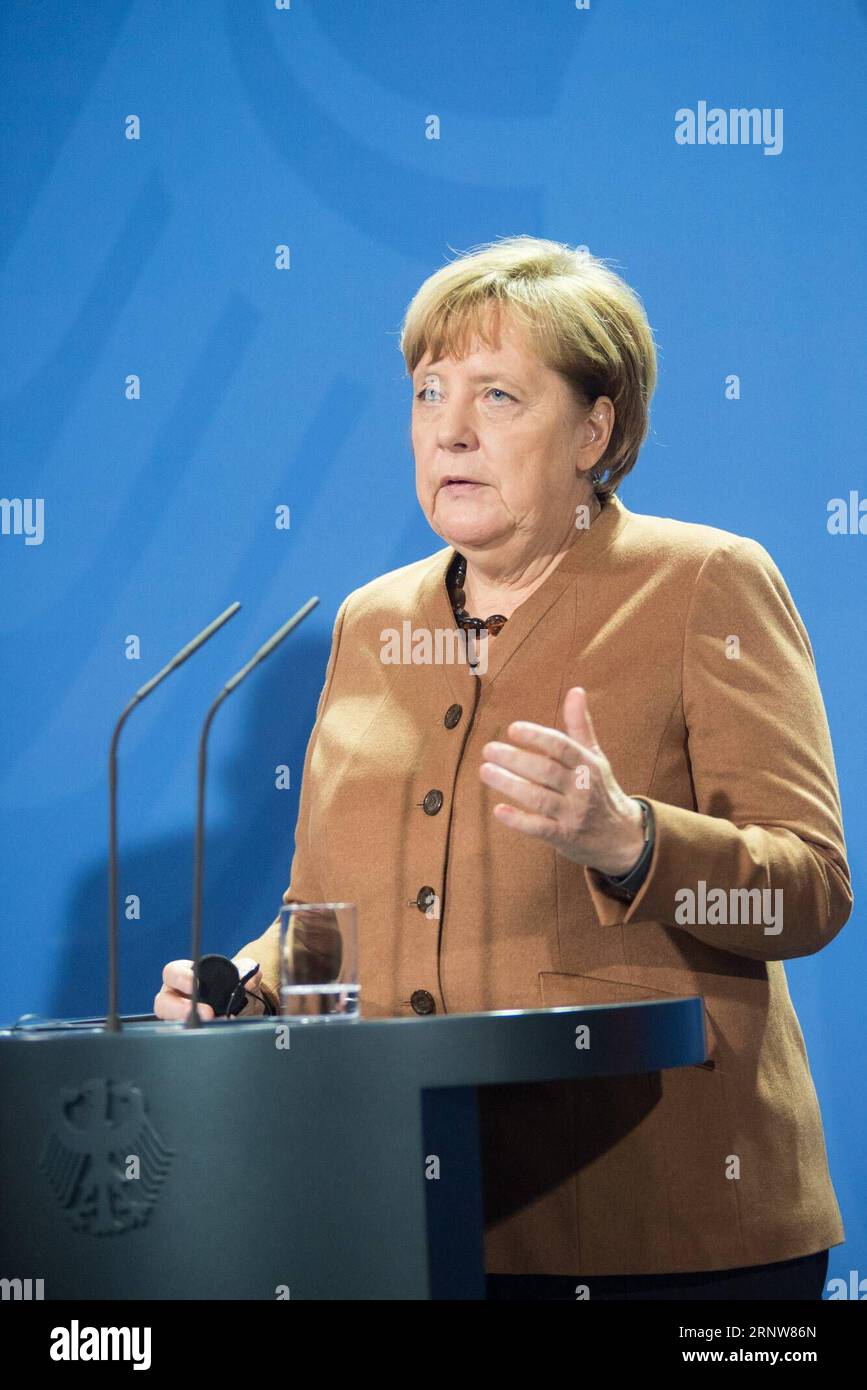 (171207) -- BERLIN, Dec. 7, 2017 -- German Chancellor Angela Merkel addresses a press conference with visiting Libyan UN-backed Prime Minister Fayez al-Sarraj (not in the picture) in Berlin, Germany, on Dec. 7, 2017. Merkel, after talks with Fayez al-Sarraj on Thursday, urged the Libyan authorities to improve the conditions of migrants in the North African country and pledged more support from the European Union. ) GERMANY-BERLIN-CHANCELLOR-LIBYA-UN-BACKED PM-MEETING ZhangxYuan PUBLICATIONxNOTxINxCHN Stock Photo