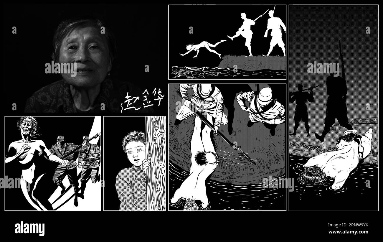 (171210) -- NANJING, Dec. 10, 2017 -- The combo picture shows the portrait, signature of Zhao Jinhua and illustrated story reviving her tragedy based on facts. Born on Dec. 22, 1924, Zhao is a survivor of Nanjing Massacre, a heinous crime committed by the Japanese militarists during World War II in 1937, in Nanjing, then capital of China. In December of 1937, then 13-year old Zhao witnessed the sister of her grandma being raped and drowned into a river with the lower part of the body mutilated. The year 2017 marks the 80th anniversary of the Nanjing Massacre, in which more than 300,000 Chinese Stock Photo