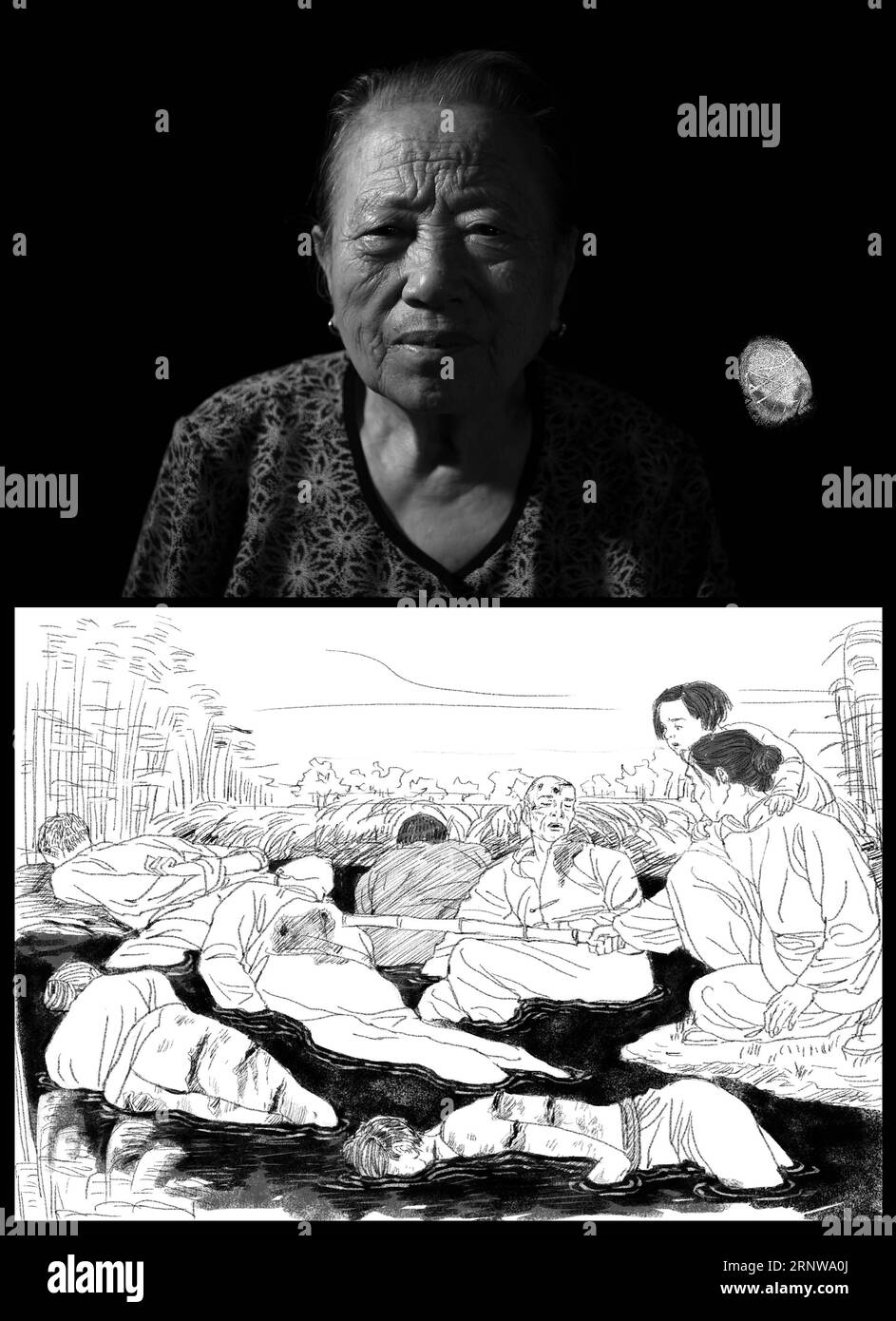 (171210) -- NANJING, Dec. 10, 2017 -- The combo picture shows the portrait, fingerprint of Shi Xiuying and illustrated story reviving her tragedy based on facts. Born on Oct. 26, 1926, Shi is a survivor of Nanjing Massacre, a heinous crime committed by the Japanese militarists during World War II in 1937, in Nanjing, then capital of China. In the winter of 1937, Shi found the body of his father in a pile of corpses slaughtered by Japanese invaders. Her eldest brother Shi Kunbao was forced onto a Japanese military truck and gone forever. The year 2017 marks the 80th anniversary of the Nanjing M Stock Photo