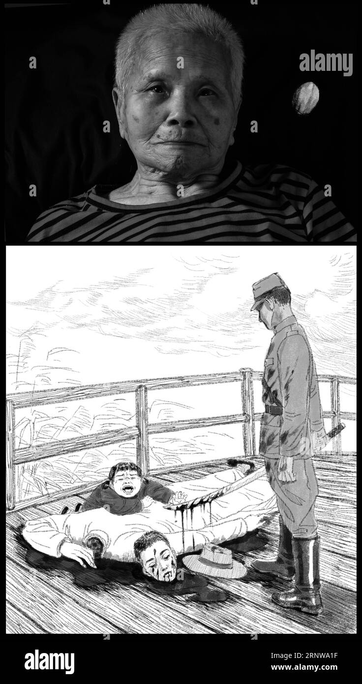 (171210) -- NANJING, Dec. 10, 2017 -- The combo picture shows the portrait, fingerprint of Wan Xiuying and illustrated story reviving her tragedy based on facts. Born on March 18, 1928, Wan is a survivor of Nanjing Massacre, a heinous crime committed by the Japanese militarists during World War II in 1937, in Nanjing, then capital of China. In 1937, Wan lost two of her beloved family members, her elder brother being beheaded, her mother being bombed, all by the Japanese troops. The year 2017 marks the 80th anniversary of the Nanjing Massacre, in which more than 300,000 Chinese were killed by t Stock Photo