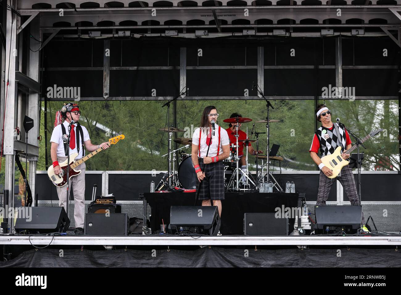 Las Vegas, NV, USA. 02nd Sep, 2023. The Spazmatics perform on stage inside the Rebel Village Fan Zone prior to the start of the college football game featuring the Bryant Bulldogs and the UNLV Rebels at Allegiant Stadium in Las Vegas, NV. Christopher Trim/CSM/Alamy Live News Stock Photo