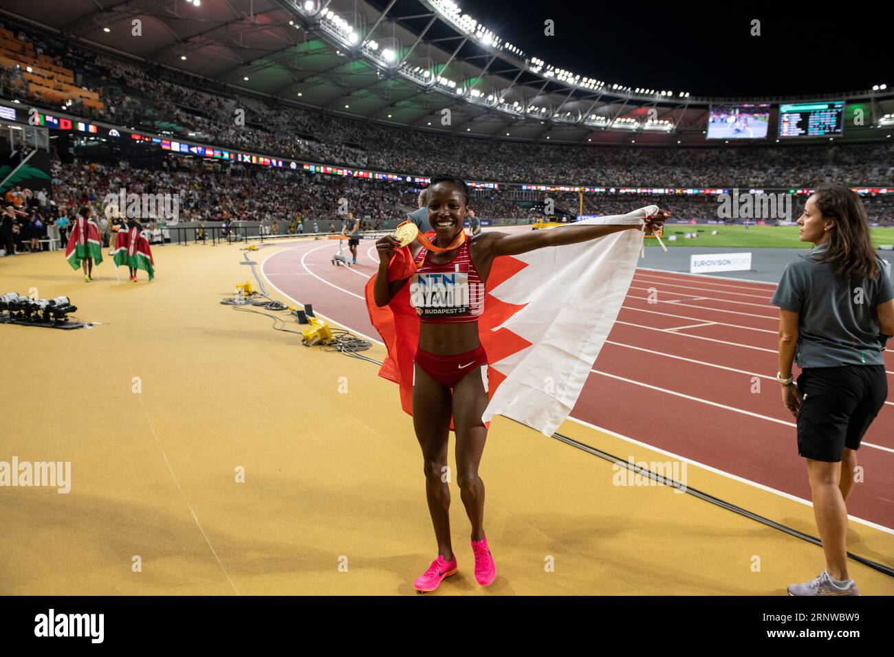 Winfred Yavi of Bahrain celebrate’s after competing in the women’s 3000m steeplechase on day nine at the World Athletics Championships at the National Stock Photo