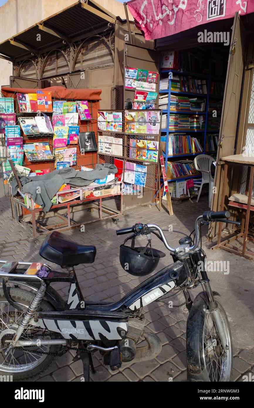 Marrakech, Morocco - Feb 8, 2023: A second hand bookstore along the Marrakech Medina city walls Stock Photo