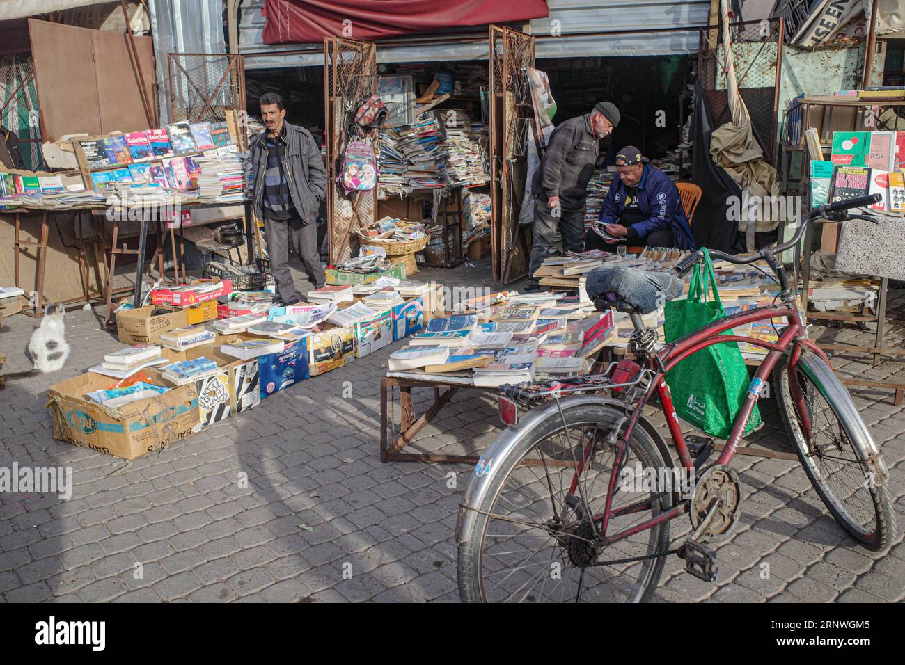 Marrakech, Morocco - Feb 8, 2023: A second hand bookstore along the Marrakech Medina city walls Stock Photo