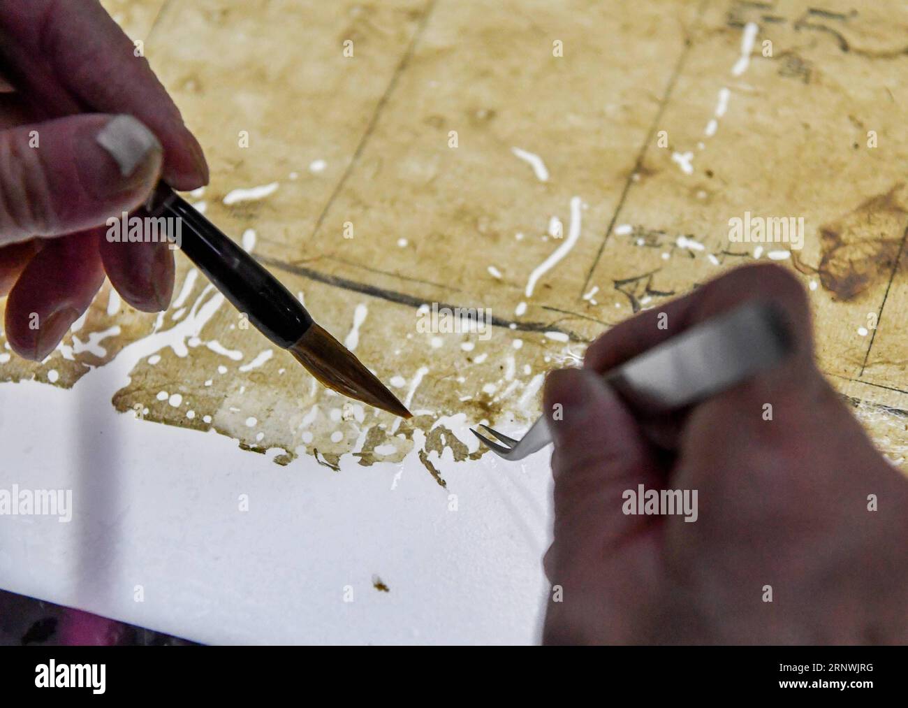 (171222) -- CHENGDU, Dec. 22, 2017 -- Yuan Dongjue repairs one page of a book over 180 years, in Sichuan Provincial Library in Chengdu, capital of southwest China s Sichuan Province, Dec. 21, 2017. Yuan Dongjue, a 70-year-old expert of ancient books repairs, has kept working on ancient book repair and conservation since 1983 in Ancient Books Repair Center of Sichuan Provincial Library. In her 34 years career time, Yuan has repaired about 200 valuable ancient Chinese books, some of them could date back to 1,000 years ago. The repair work consists of over 10 different steps. To repair only one p Stock Photo