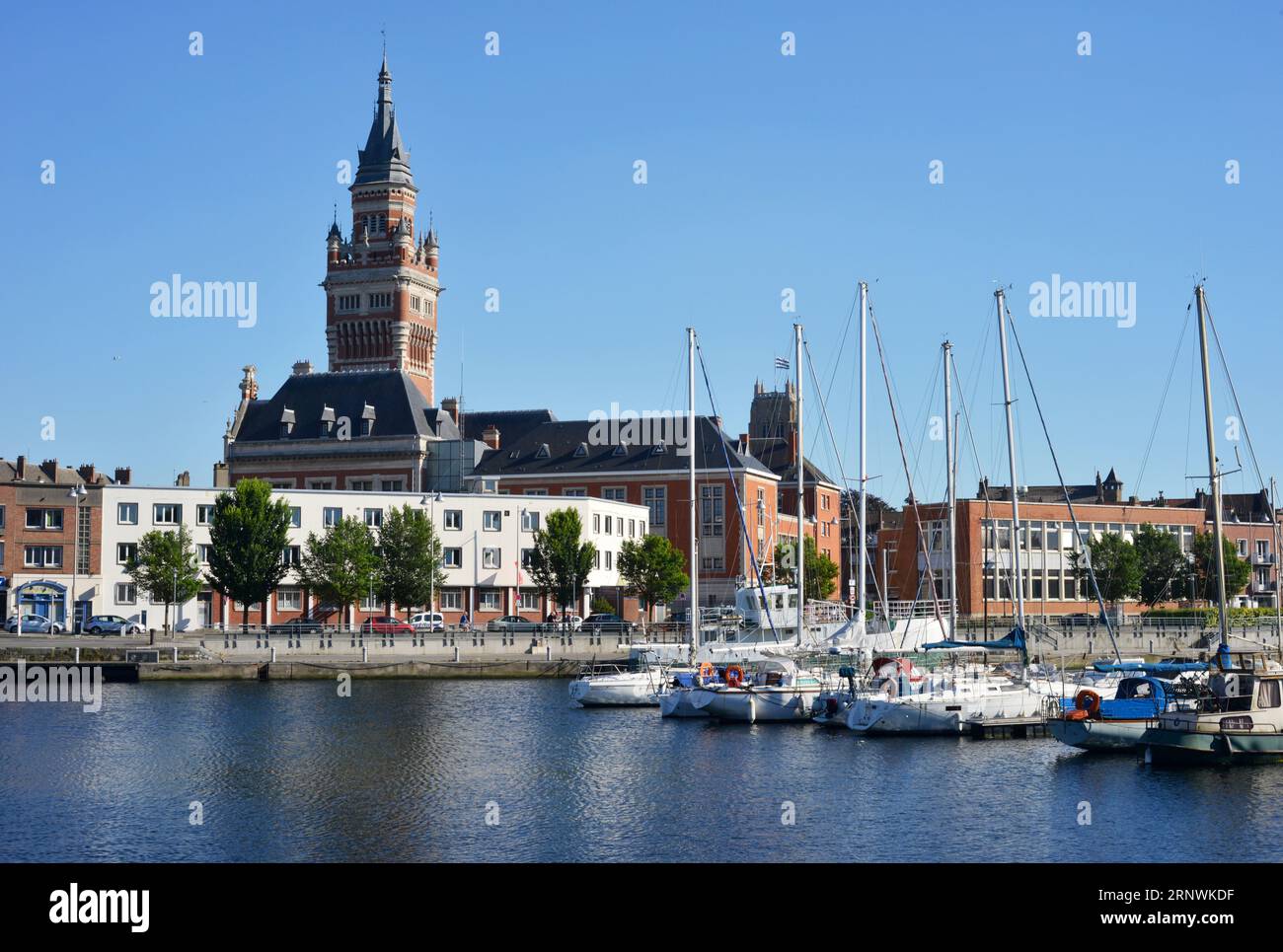 Dunkerque, France, Marina Port du Commerce and the tower of the cityhall Stock Photo