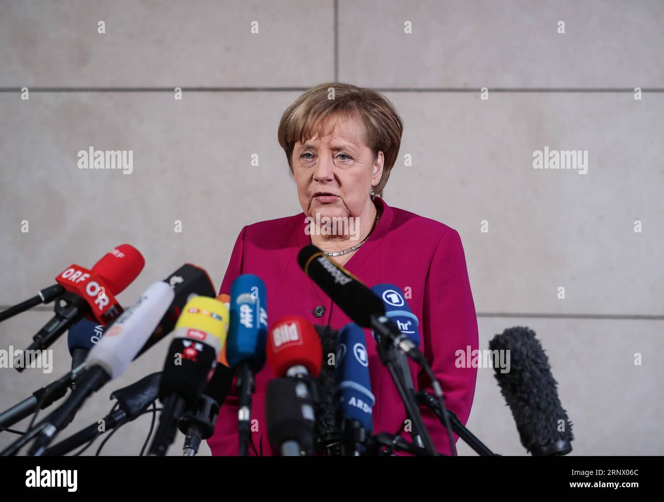 (180107) -- BERLIN, Jan. 7, 2018 -- German Chancellor and leader of German Christian Democratic Union (CDU) Angela Merkel speaks before the exploratory talks for a new coalition government between the CDU, Christian Social Union (CSU) and the Social Democratic Party (SPD) at the headquarters of SPD in Berlin, capital of Germany, on Jan. 7, 2018. ) (zxj) GERMANY-BERLIN-COALITION GOVERNMENT-EXPLORATARY TALKS ShanxYuqi PUBLICATIONxNOTxINxCHN Stock Photo