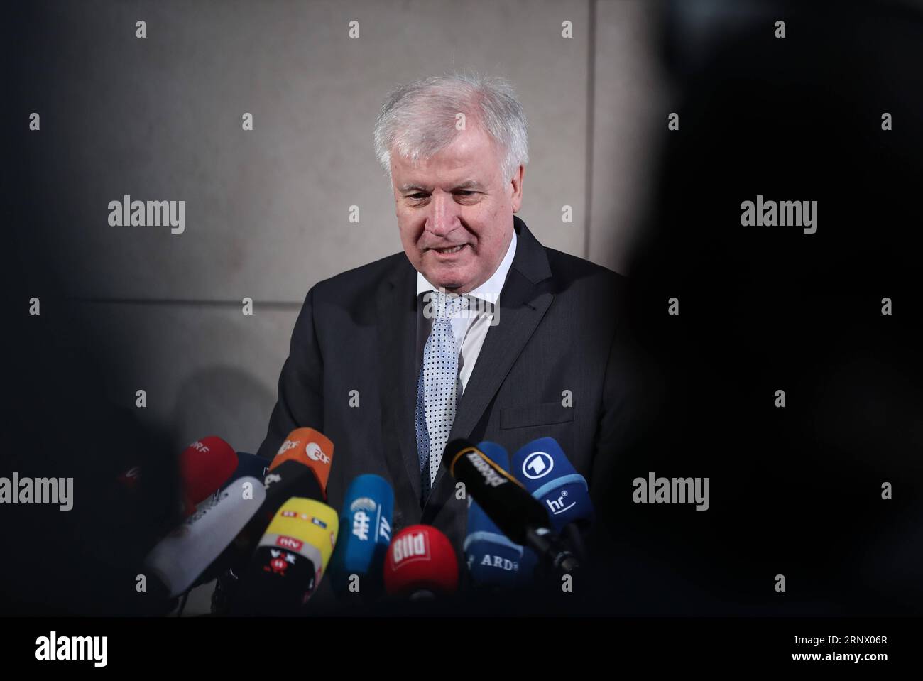 (180107) -- BERLIN, Jan. 7, 2018 -- Leader of German Christian Social Union (CSU) Horst Seehofer speaks before the exploratory talks for a new coalition government between the Christian Democratic Union (CDU), the CSU and the Social Democratic Party (SPD) at the headquarters of SPD in Berlin, capital of Germany, on Jan. 7, 2018. ) (zxj) GERMANY-BERLIN-COALITION GOVERNMENT-EXPLORATARY TALKS ShanxYuqi PUBLICATIONxNOTxINxCHN Stock Photo