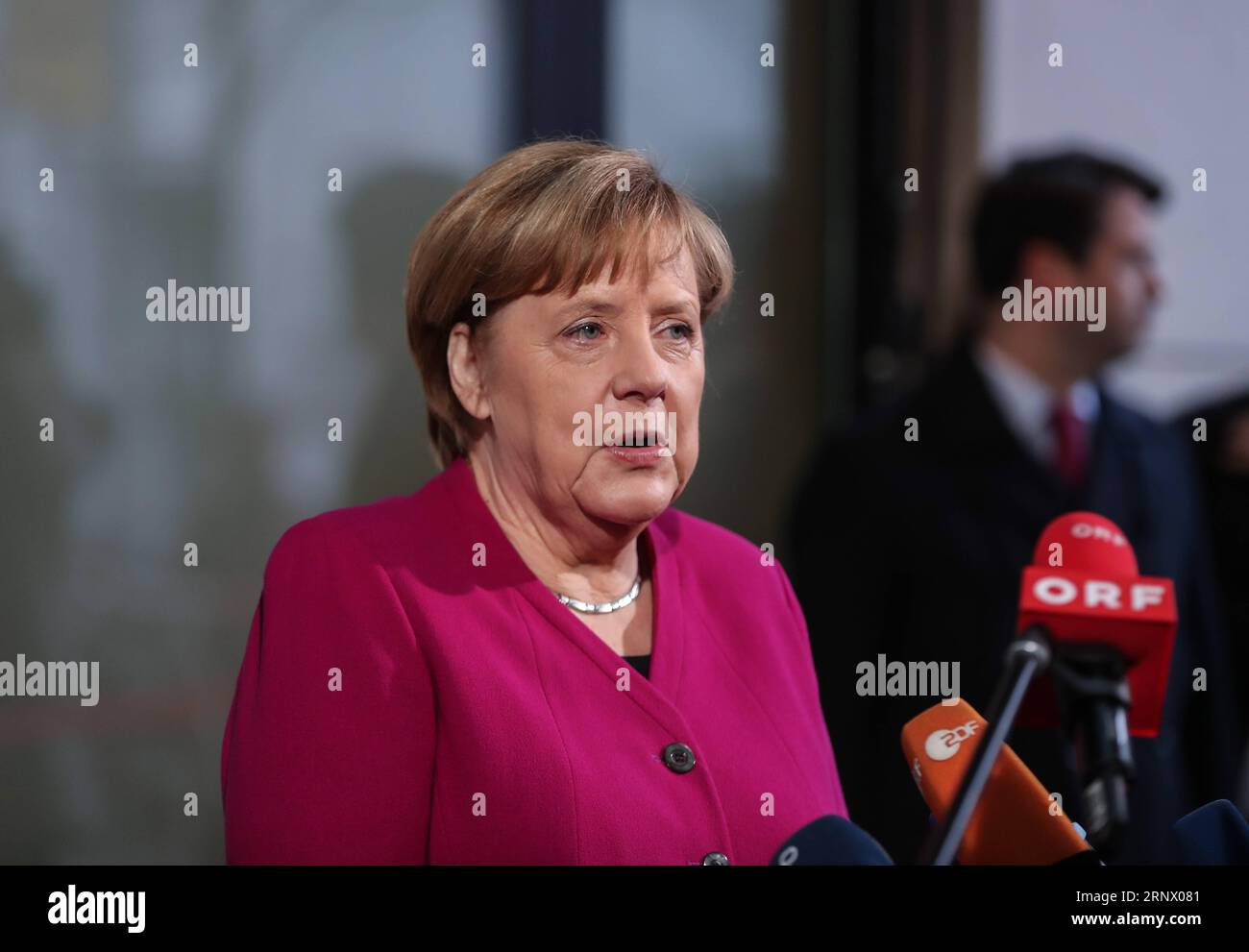 (180107) -- BERLIN, Jan. 7, 2018 -- German Chancellor and leader of German Christian Democratic Union (CDU) Angela Merkel speaks before the exploratory talks for a new coalition government between the CDU, Christian Social Union (CSU) and the Social Democratic Party (SPD) at the headquarters of SPD in Berlin, capital of Germany, on Jan. 7, 2018. ) (zxj) GERMANY-BERLIN-COALITION GOVERNMENT-EXPLORATARY TALKS ShanxYuqi PUBLICATIONxNOTxINxCHN Stock Photo