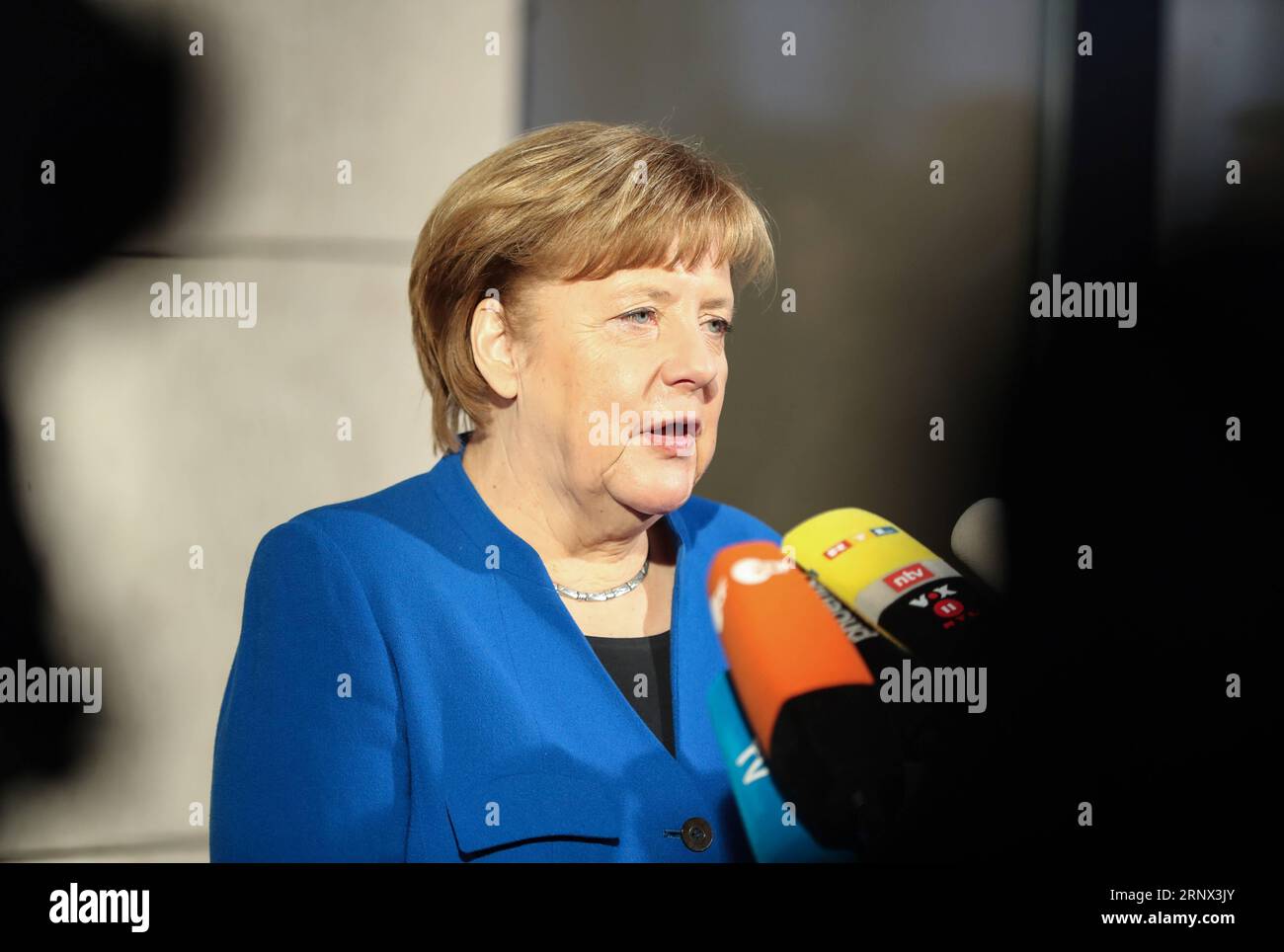 (180111) -- BERLIN, Jan. 11, 2018 -- German Chancellor and leader of German Christian Democratic Union (CDU) Angela Merkel speaks before the exploratory talks for a new coalition government between CDU, Christian Social Union (CSU) and Social Democratic Party (SPD) at the headquarters of SPD in Berlin, capital of Germany, on Jan. 11, 2018. )(srb) GERMANY-BERLIN-COALITION GOVERNMENT-EXPLORATORY TALKS ShanxYuqi PUBLICATIONxNOTxINxCHN Stock Photo