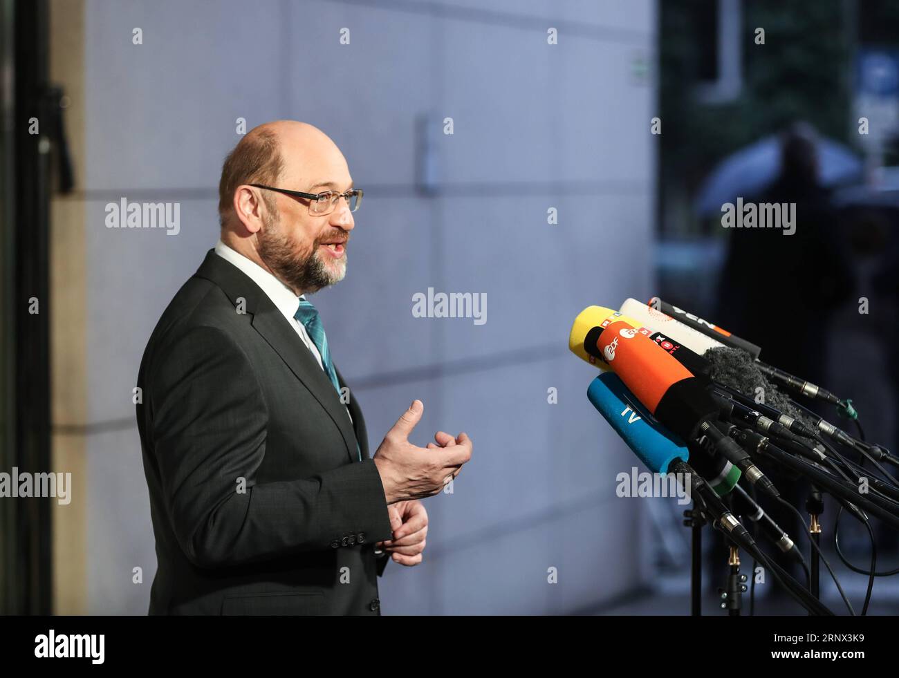 (180111) -- BERLIN, Jan. 11, 2018 -- Leader of German Social Democratic Party (SPD) Martin Schulz speaks before the exploratory talks for a new coalition government between Christian Democratic Union (CDU), Christian Social Union (CSU) and SPD at the headquarters of SPD in Berlin, capital of Germany, on Jan. 11, 2018. )(srb) GERMANY-BERLIN-COALITION GOVERNMENT-EXPLORATORY TALKS ShanxYuqi PUBLICATIONxNOTxINxCHN Stock Photo