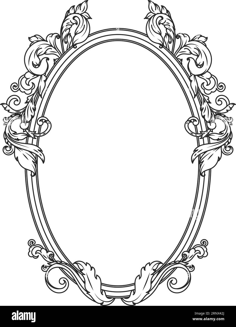 Baroque circle engraving with decorative filigree leaves Stock Vector
