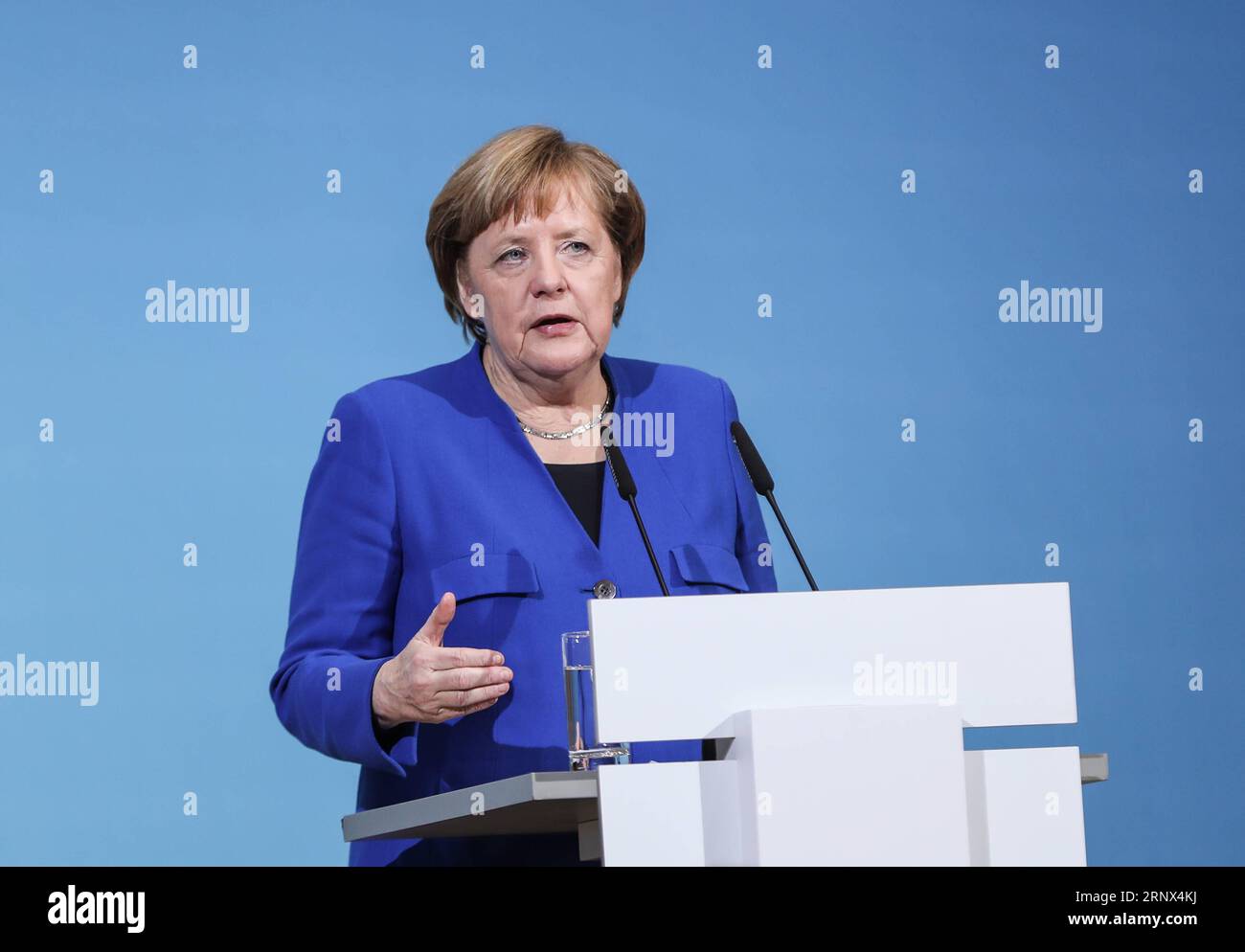 (180112) -- BERLIN, Jan. 12, 2018 -- German Chancellor and leader of German Christian Democratic Union (CDU) Angela Merkel speaks during a joint press conference after coalition talks at the headquarters of SPD, in Berlin, Germany, on Jan. 12, 2018. German Chancellor Angela Merkel s conservatives and the Social Democrats (SPD) on Friday achieved a breakthrough in their exploratory talks aimed at forming a new coalition government, local media reported. )(srb) GERMANY-BERLIN-COALITION TALKS-BREAKTHROUGH ShanxYuqi PUBLICATIONxNOTxINxCHN Stock Photo