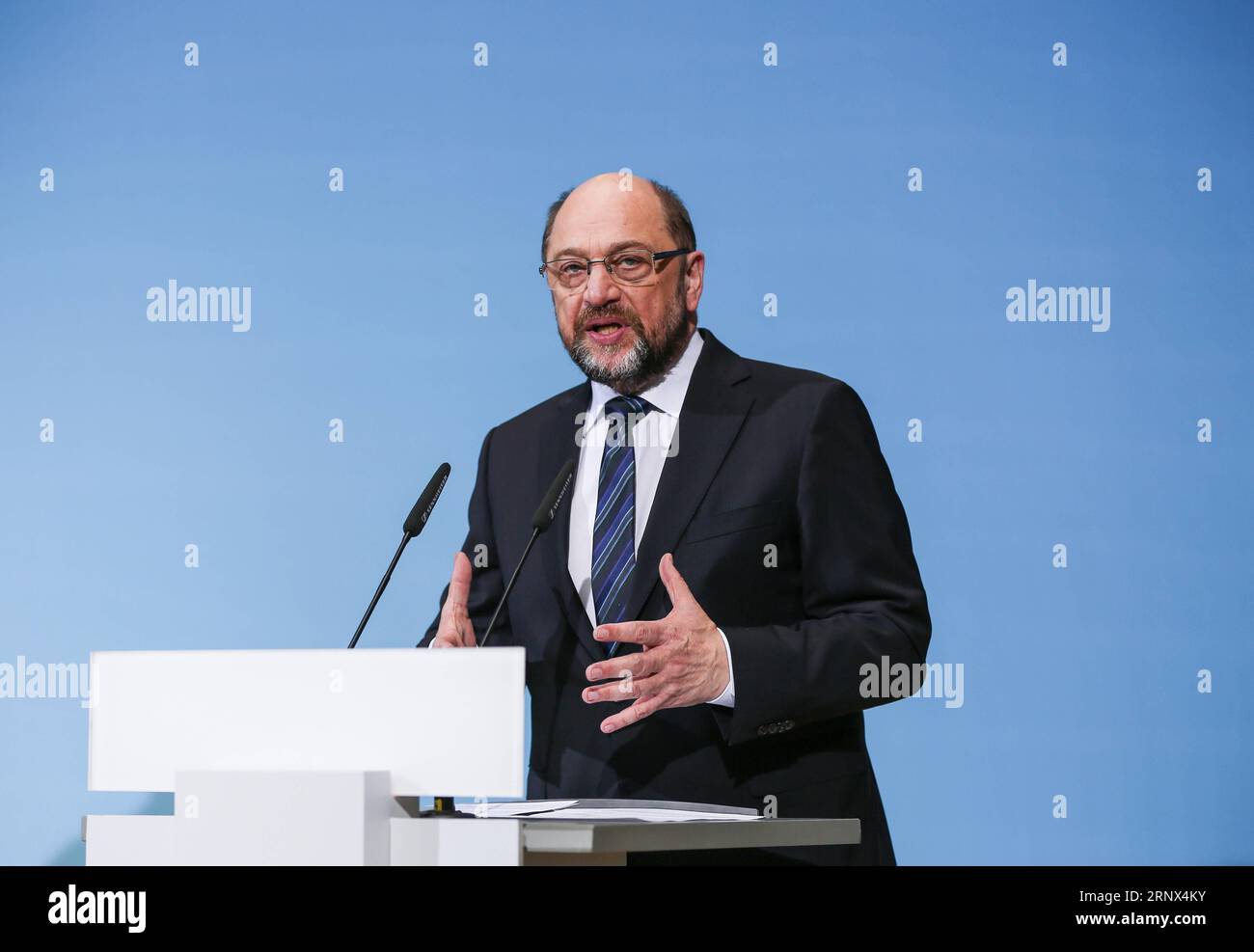 (180112) -- BERLIN, Jan. 12, 2018 -- Leader of German Social Democratic Party (SPD) Martin Schulz speaks during a joint press conference after coalition talks at the headquarters of SPD, in Berlin, Germany, on Jan. 12, 2018. German Chancellor Angela Merkel s conservatives and the Social Democrats (SPD) on Friday achieved a breakthrough in their exploratory talks aimed at forming a new coalition government, local media reported. )(srb) GERMANY-BERLIN-COALITION TALKS-BREAKTHROUGH ShanxYuqi PUBLICATIONxNOTxINxCHN Stock Photo