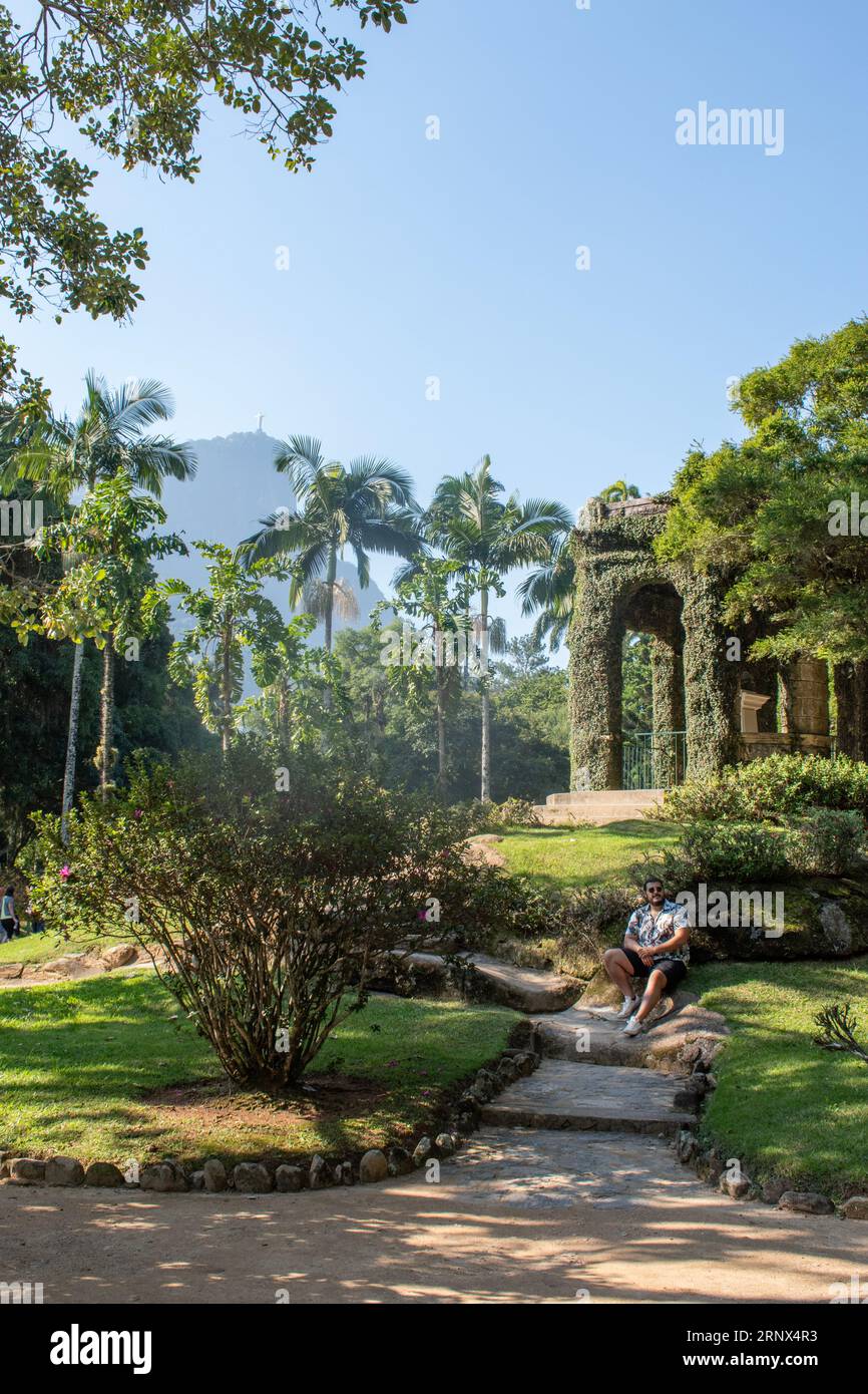Brazil: walking in Rio de Janeiro Botanical Garden, founded in 1808 by King John VI of Portugal. Tropical and subtropical plants and trees Stock Photo