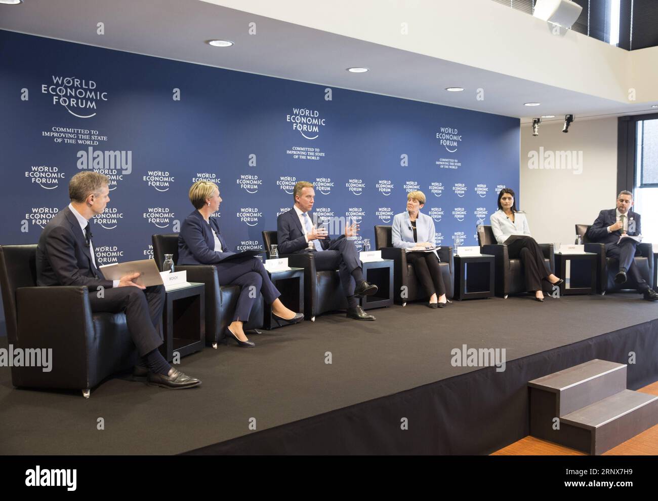 (180116) -- GENEVA, Jan. 16, 2018 -- Borge Brende (3rd L), the president of the World Economic Forum (WEF), gestures at a press conference in Geneva, Switzerland, Jan. 16, 2018. Some 70 heads of state and government and 38 heads of international organizations will debate creating a shared future in a fractured world -- the theme of this year s World Economic Forum in Davos from Jan. 23 to Jan. 26. ) SWITZERLAND-GENEVA-WORLD ECONOMIC FORUM-PRESS CONFERENCE XuxJinquan PUBLICATIONxNOTxINxCHN Stock Photo