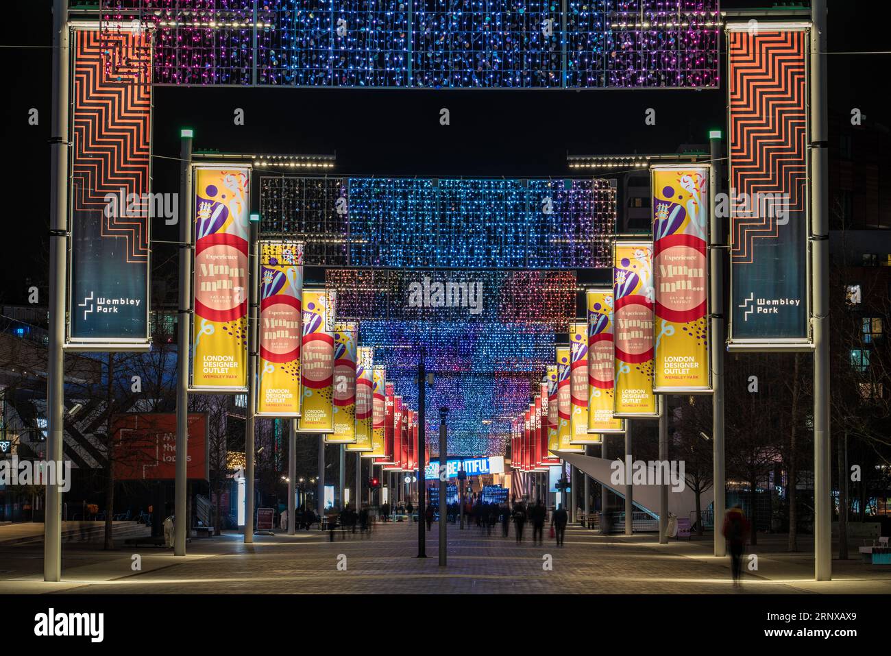 Night view of Christmas Decorations at Wembley Park, an area known for