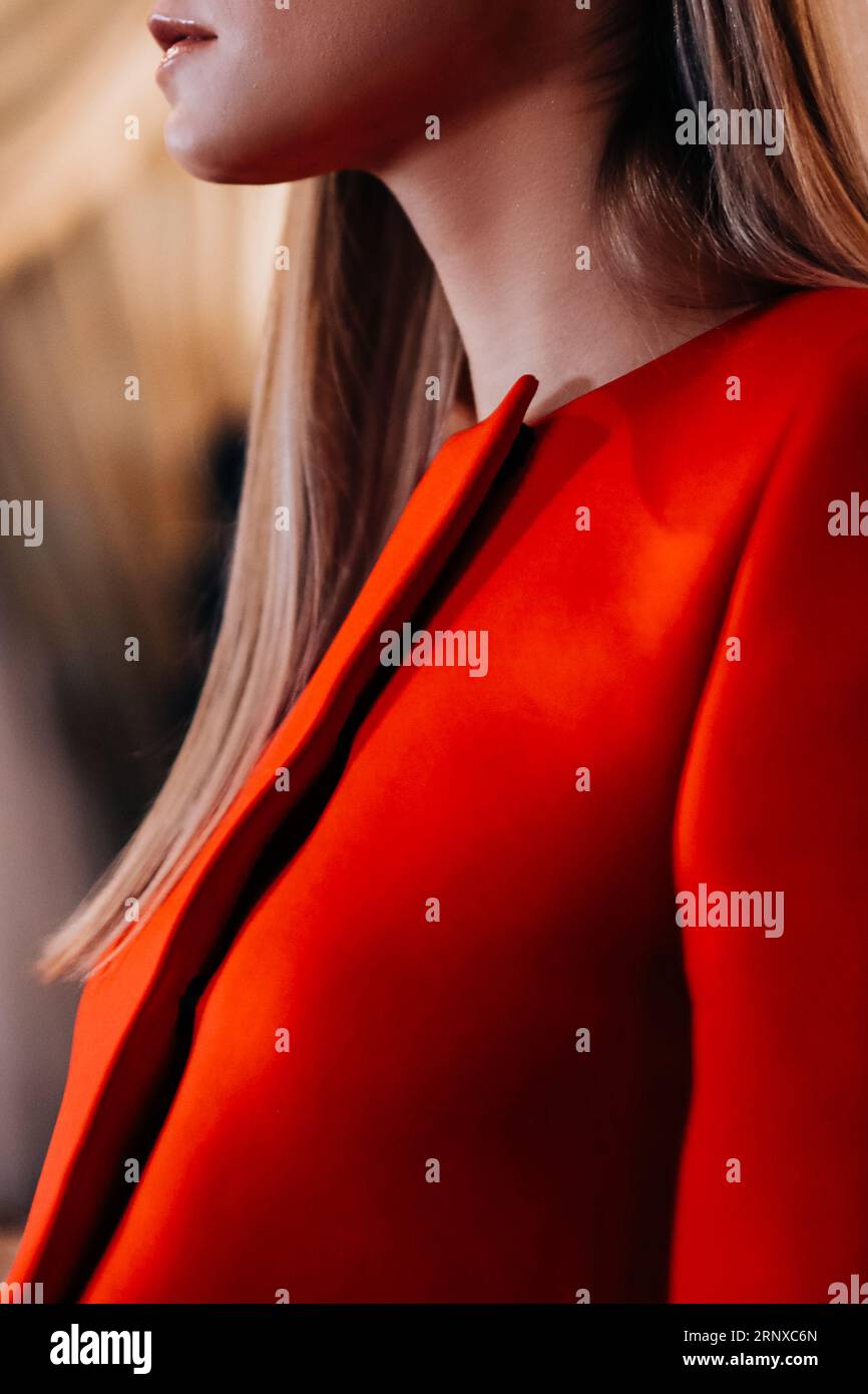 Classy red jacket on female body. Fashion fancy details. Style, design of women's clothing Stock Photo