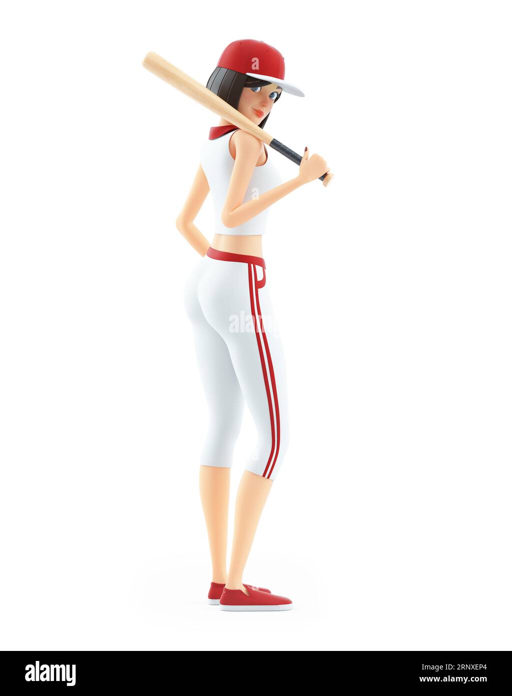 3d baseball girl from behind holding bat on shoulder, illustration