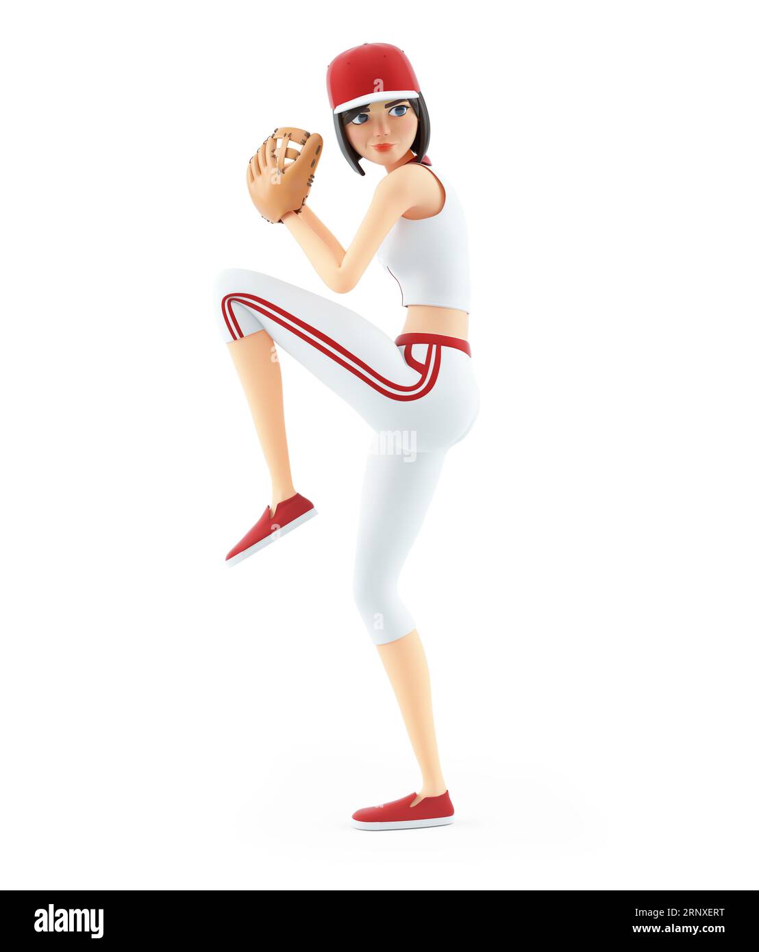 3d baseball girl ready to throw the ball, illustration isolated on