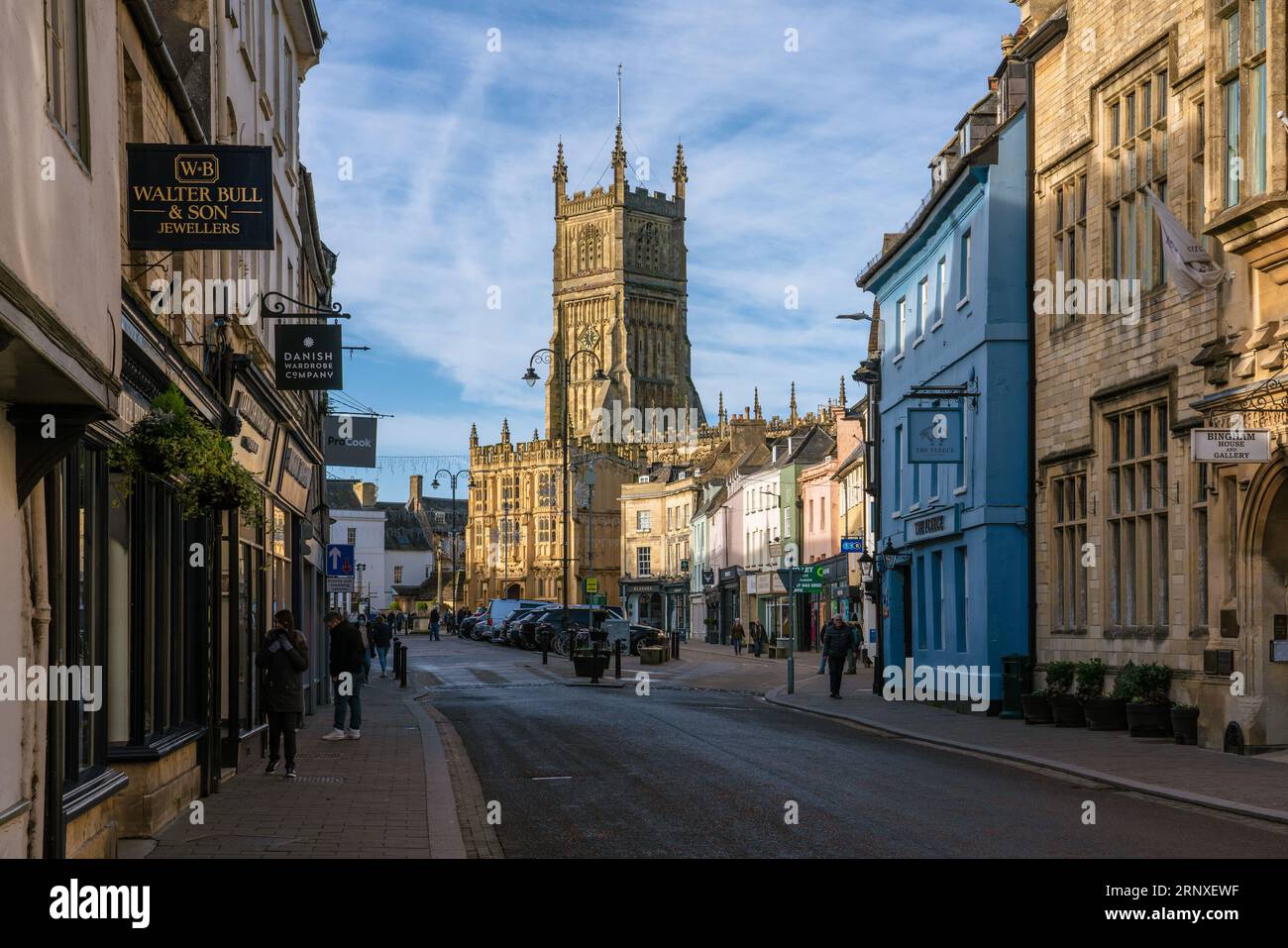 View of Cirencester Town Centre with the Church of St. John the Baptist in the distance on January 09., 2022 in Cirencester, United Kingdom Stock Photo
