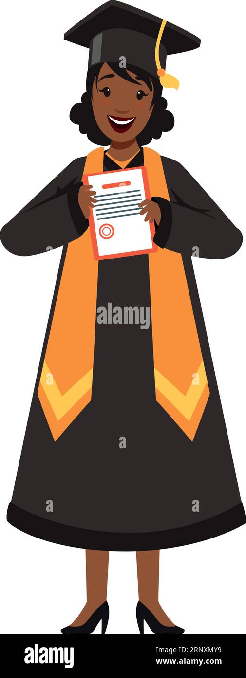 Successful student character. Black girl with degree diploma Stock Vector