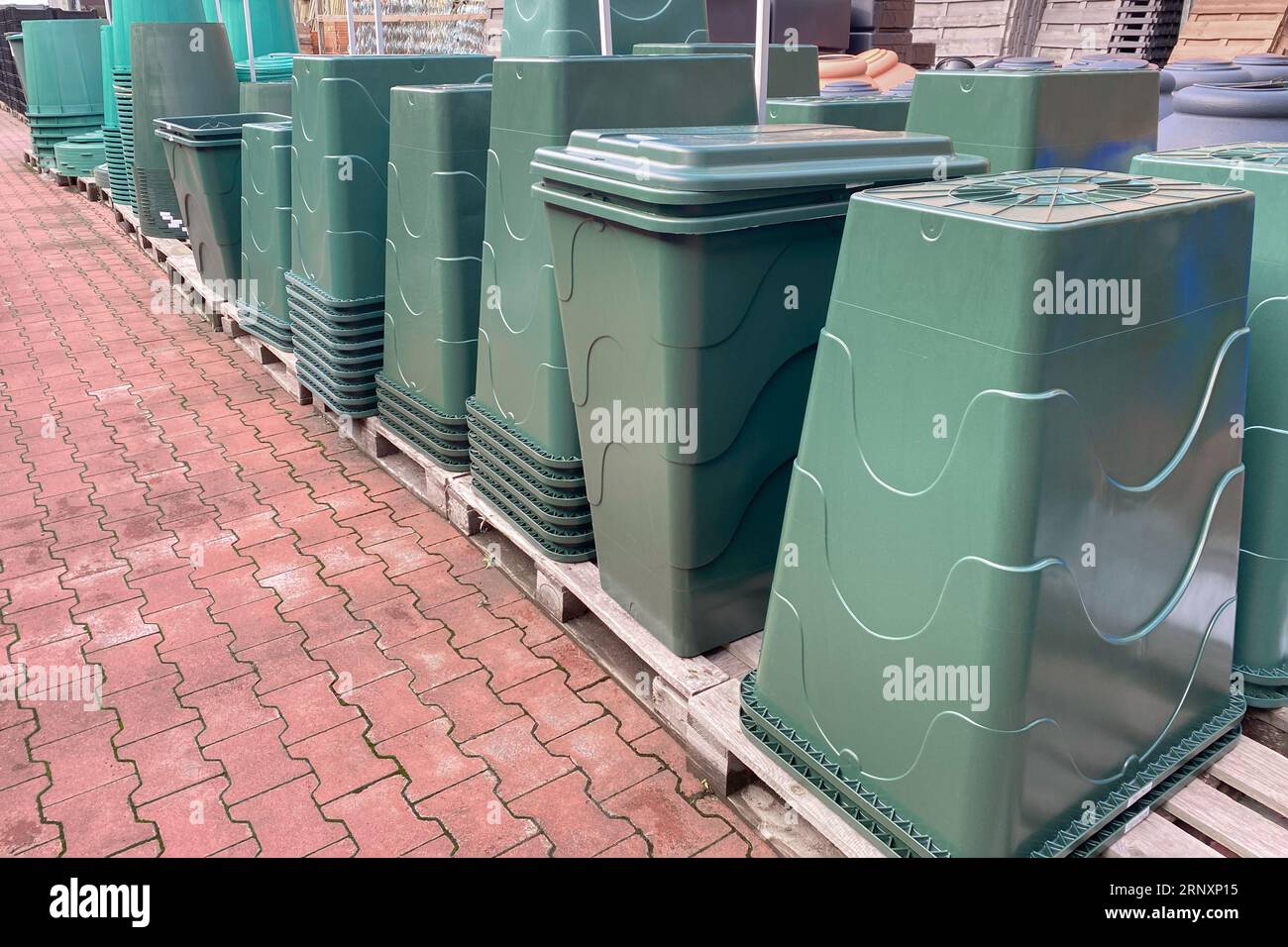 Rainwater collection system a barrel and a roof gutter. Set of new