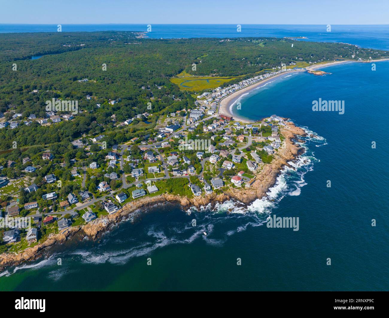 Aerial view of historic waterfront buildings next to Good Harbor Beach in Gloucester, Cape Ann, Massachusetts MA, USA. Stock Photo