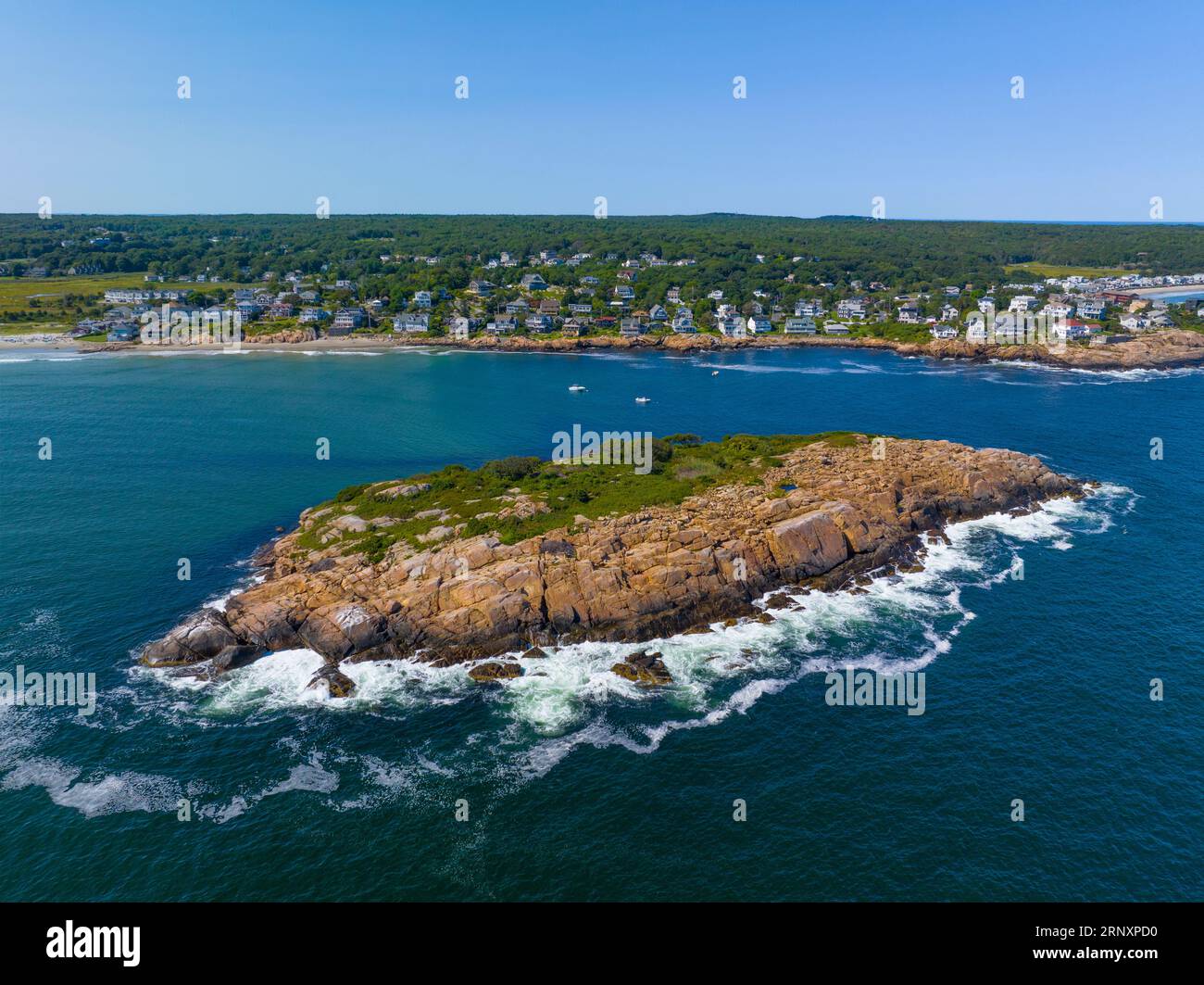 Good Harbor Beach and Salt Island aerial view in summer in Gloucester, Cape Ann, Massachusetts MA, USA. Stock Photo