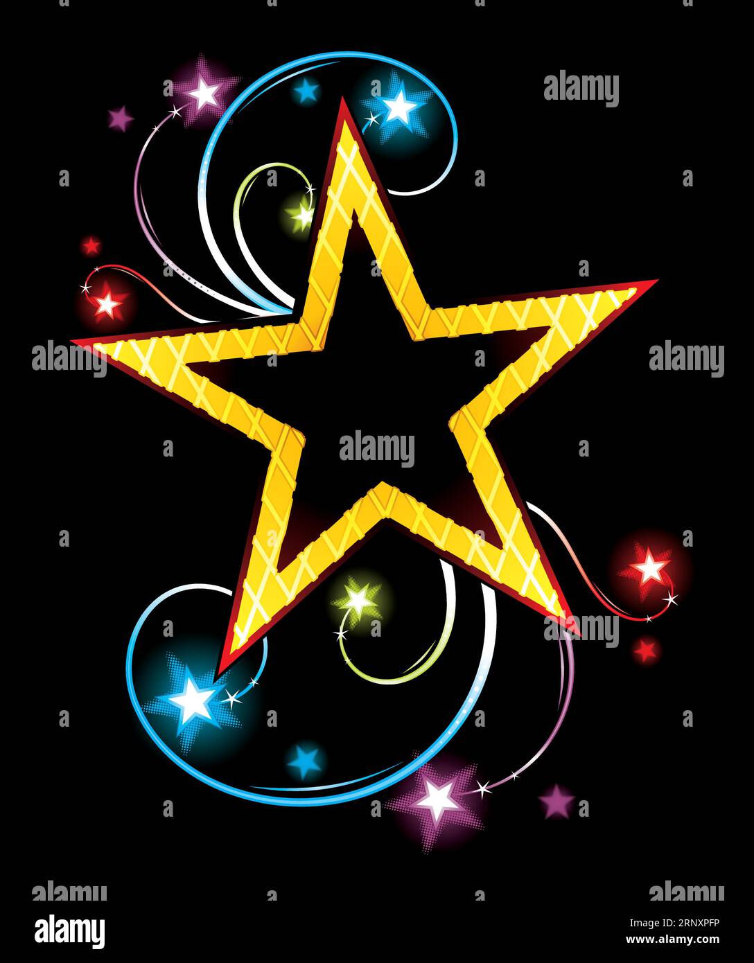 Big gold star on black background with flares and glowing stars Stock Vector