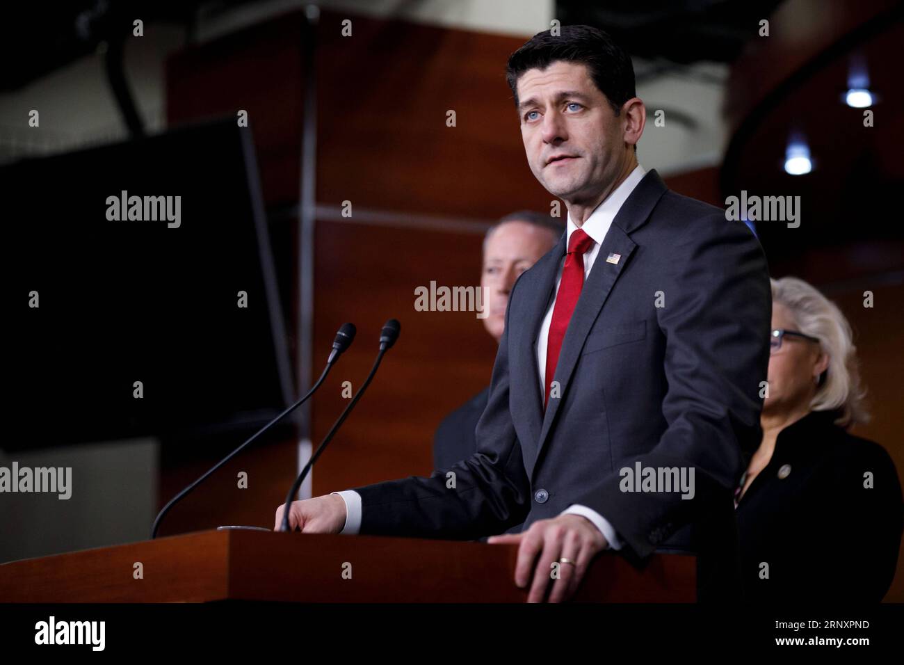 (180209) -- WASHINGTON D.C., Feb. 9, 2018 -- U.S. House Speaker Paul Ryan (Front) speaks at a press conference in Washington D.C., the United States, on Feb. 8, 2018. The U.S. government is to shut down at midnight as Senate went into recess and missed a midnight deadline to pass a short-term funding bill. ) (zcc) U.S.-WASHINGTON D.C.-GOVERNMENT-SHUT DOWN TingxShen PUBLICATIONxNOTxINxCHN Stock Photo