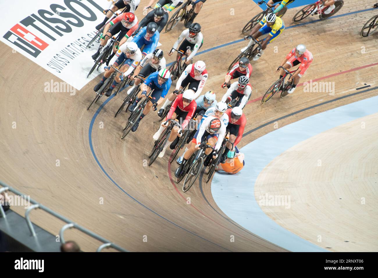Riders are packed into tight quarters during the Men's elimination race