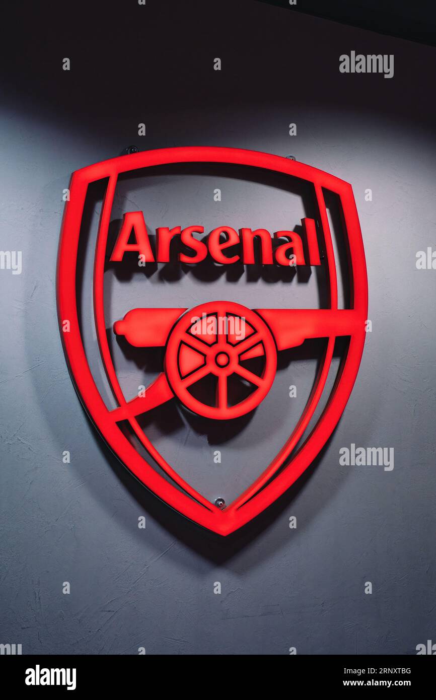 10th of June 2023 London, England, United Kingdom - Emblem on the wall inside Arsenal Stadium Stock Photo