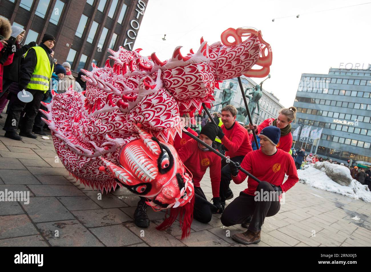 (180216) -- HELSINKI, Feb. 16, 2018 -- Finnish people perform dragon dance in Helsinki, Finland, Feb. 15, 2018. The 12th Happy Spring Festival - Helsinki Temple Fair was held in Helsinki to celebrate the Chinese Lunar New Year. ) (zjy) FINLAND-HELSINKI-CHINESE TEMPLE FAIR MattixMatikainen PUBLICATIONxNOTxINxCHN Stock Photo