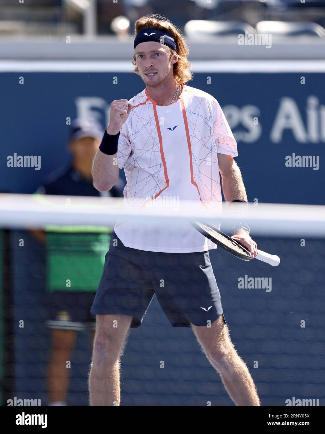 Andrey Rublev reacts during a mens singles match at the 2023 US Open, Saturday, Sep