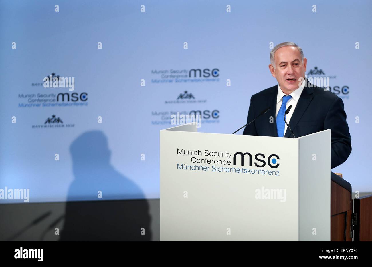 Themen der Woche (180218) -- MUNICH, Feb. 18, 2018 -- Israeli Prime Minister Benjamin Netanyahu speaks during the 54th Munich Security Conference in Munich, Germany, on Feb. 18, 2018. Israeli Prime Minister Benjamin Netanyahu and Iranian Foreign Minister Javad Zarif bickered on Sunday here at the 54th Munich Security Conference. ) (swt) GERMANY-MUNICH-MSC-IRAN-ISRAEL-BICKER LuoxHuanhuan PUBLICATIONxNOTxINxCHN Stock Photo