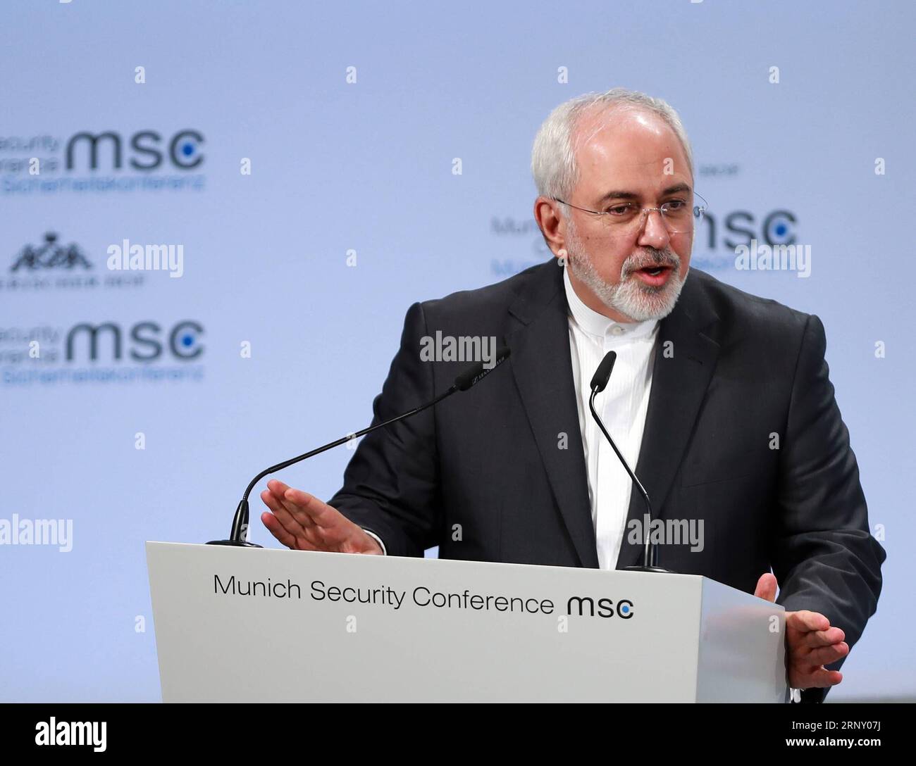 (180218) -- MUNICH, Feb. 18, 2018 -- Iranian Foreign Minister Mohammad Javad Zarif speaks during the 54th Munich Security Conference in Munich, Germany, on Feb. 18, 2018. The 54th Munich Security Conference (MSC) closed on Sunday, leaving a lot more work ahead in addressing global security issues. ) (swt) GERMANY-MUNICH-MSC-CLOSING LuoxHuanhuan PUBLICATIONxNOTxINxCHN Stock Photo