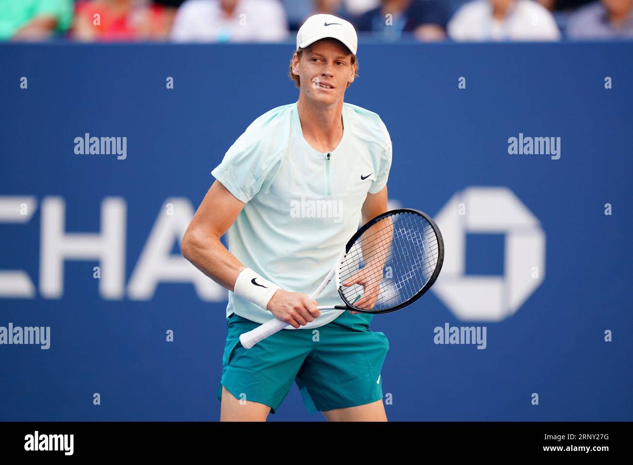 Jannik Sinner in action during a mens singles match at the 2023 US Open, Saturday, Sep