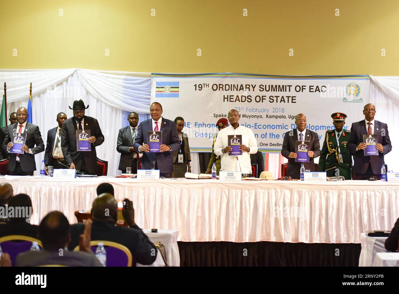 (180223) -- KAMPALA, Feb. 23, 2018 -- East African Community heads of state attend the 19th Ordinary East African Community Heads of State Summit in Kampala, capital of Uganda, on Feb. 23, 2018. East African countries and Africa at large should integrate in order to boost their bargaining power on the global market, Ugandan President Yoweri Museveni said here Friday. ) UGANDA-KAMPALA-EAC-HEADS OF STATE-SUMMIT JosephxKiggundu PUBLICATIONxNOTxINxCHN Stock Photo