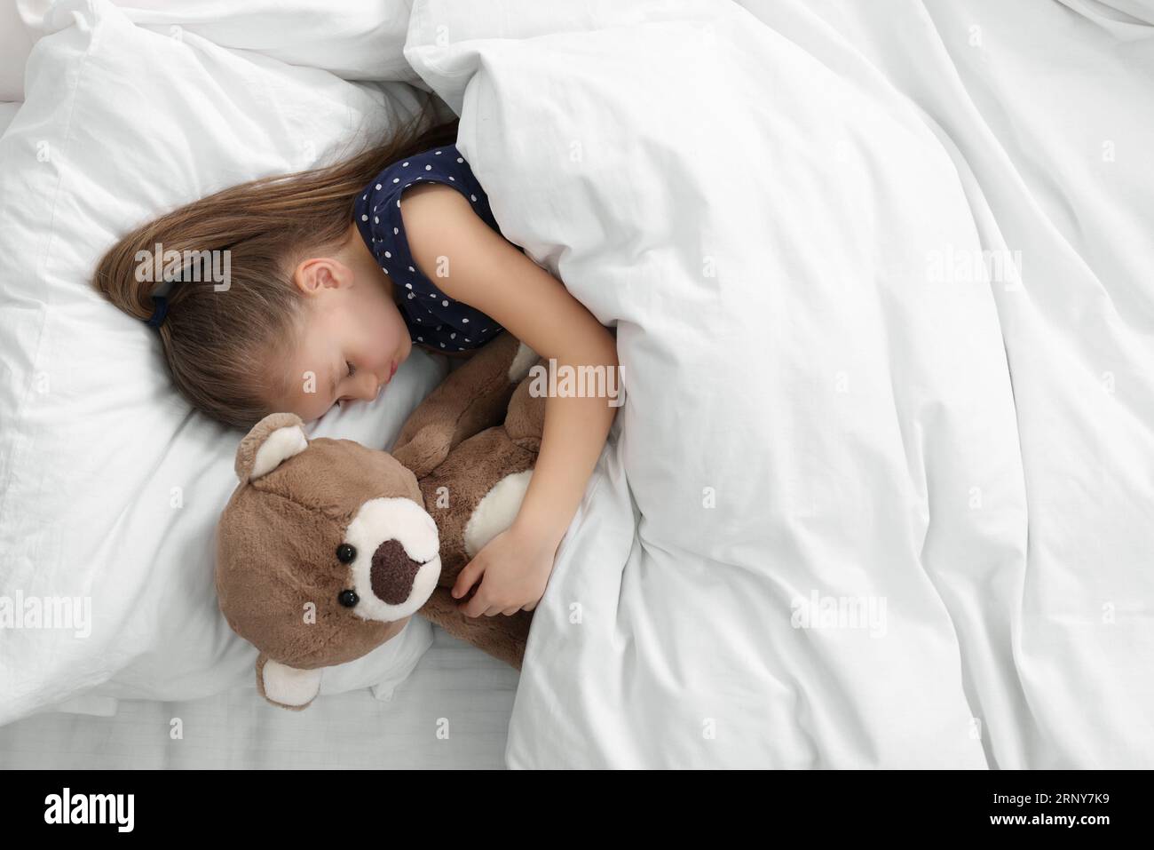 Cute little girl sleeping with teddy bear in bed, top view. Space for ...