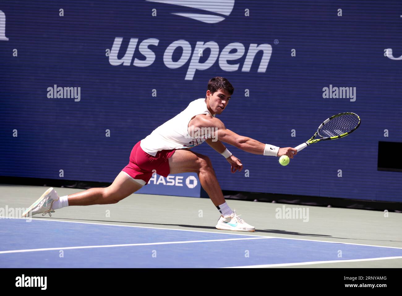 New York City, New York. 02nd Sep, 2023. NEW YORK CITY, NEW YORK - September 2: Carlos Alcaraz of Spain during his third round match against Daniel Evans of Great Britain on Day 6 of the US Open at the USTA Billie Jean King National Tennis Center on September 2, 2023 in New York City, New York. ( Credit: Adam Stoltman/Alamy Live News Stock Photo